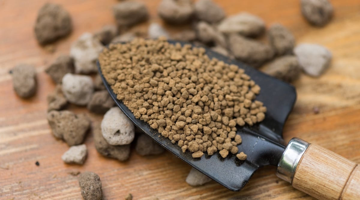 A close-up reveals dry Akadama soil, characterized by its granular, reddish-brown appearance and distinct grains. A small shovel delicately scoops the soil, showcasing its fine texture, and is placed on a brown table, accompanied by small rocks, displaying a miniature landscape.
