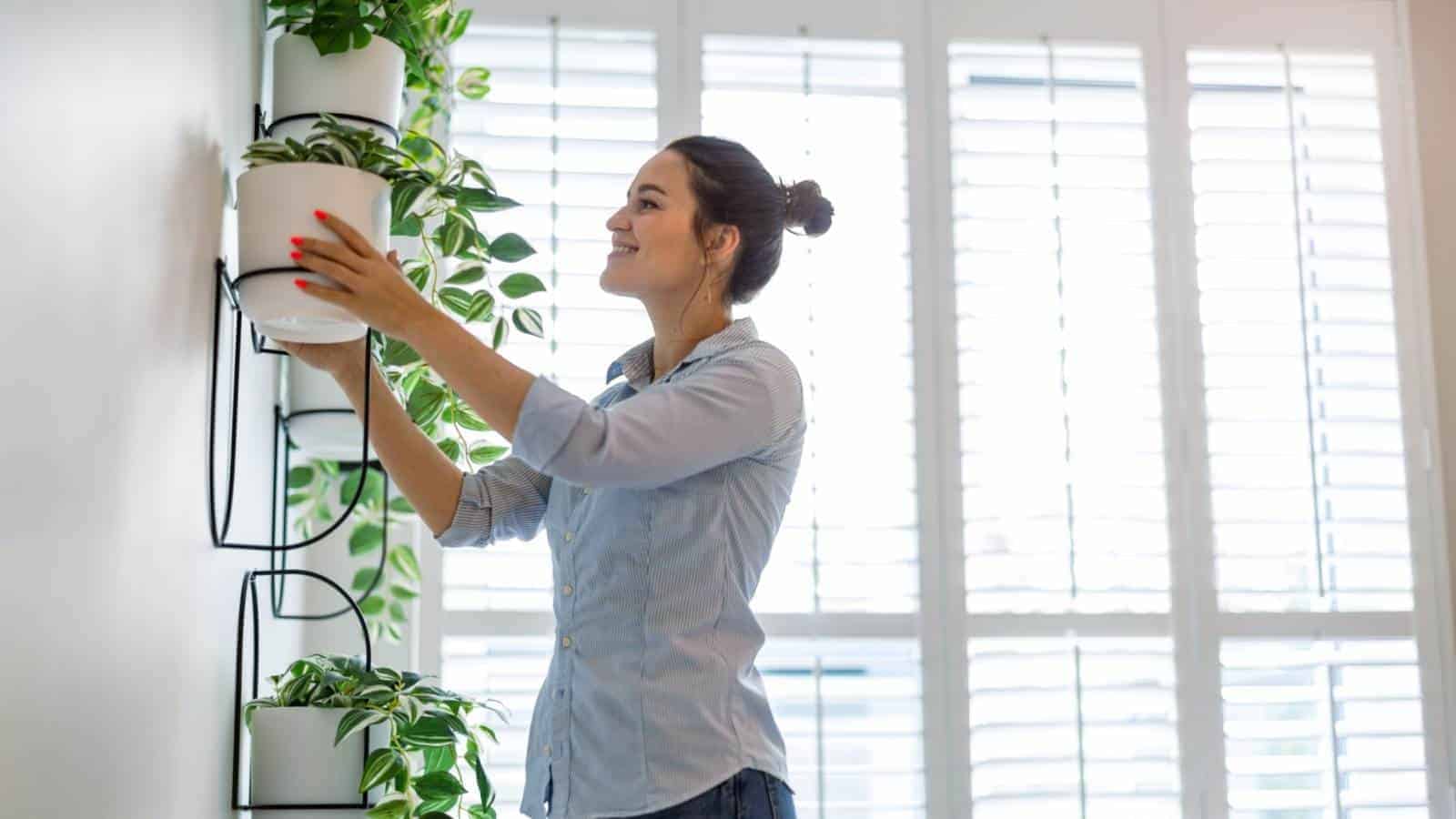 Close up view of a woman transferring plant indoor at her apartment